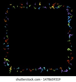 Question marks scattered on black background. Quiz, doubt, poll, survey, faq, interrogation, query background. Multicolored template for opinion poll, public poll. Rainbow color. Vector illustration.