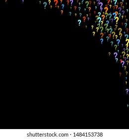 Question marks scattered on black background. Quiz, doubt, poll, survey, faq, interrogation, query background. Multicolored template for opinion poll, public poll. Rainbow color. Vector illustration.
