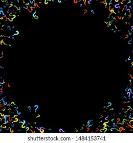 Question marks scattered on black background. Quiz, doubt, poll, survey, faq, interrogation, query background. Multicolored template for opinion poll, public poll. Rainbow color. Vector illustration.