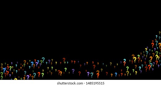 Question marks scattered on black background. Quiz, doubt, poll, survey, faq, interrogation, query background. Multicolored template for opinion poll, public poll. Rainbow color. Vector illustration.