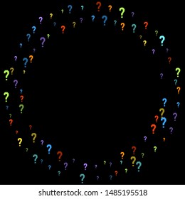 Question marks scattered on black background. Quiz, doubt, poll, survey, faq, interrogation, query background. Multicolored template for opinion poll, public poll. Rainbow color. Vector illustration.