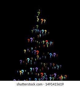 Question marks scattered on black background. Quiz, doubt, poll, survey, faq, interrogation, query background. Multicolored template for opinion poll, public poll. Rainbow color. Vector illustration.