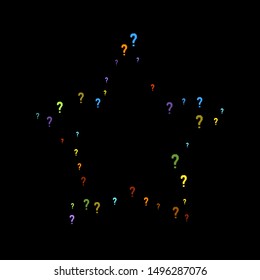Question marks scattered on black background. Quiz, doubt, poll, survey, faq, interrogation, query background. Multicolored template for opinion poll, public poll. Rainbow color. Vector illustration.