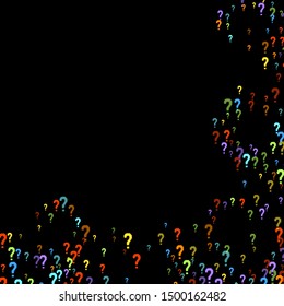 Question marks scattered on black background. Quiz, doubt, poll, survey, faq, interrogation, query background. Multicolored template for opinion poll, public poll. Rainbow color. Vector illustration.