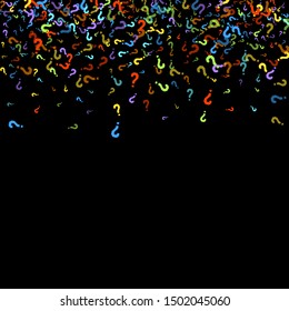 Question marks scattered on black background. Quiz, doubt, poll, survey, faq, interrogation, query background. Multicolored template for opinion poll, public poll. Rainbow color. Vector illustration.