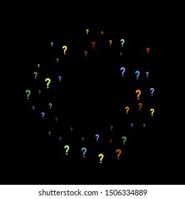 Question marks scattered on black background. Quiz, doubt, poll, survey, faq, interrogation, query background. Multicolored template for opinion poll, public poll. Rainbow color. Vector illustration.