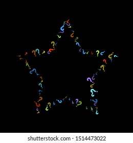 Question marks scattered on black background. Quiz, doubt, poll, survey, faq, interrogation, query background. Multicolored template for opinion poll, public poll. Rainbow color. Vector illustration.