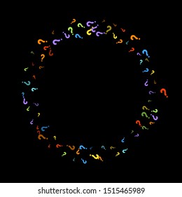 Question marks scattered on black background. Quiz, doubt, poll, survey, faq, interrogation, query background. Multicolored template for opinion poll, public poll. Rainbow color. Vector illustration.