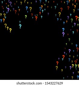 Question marks scattered on black background. Quiz, doubt, poll, survey, faq, interrogation, query background. Multicolored template for opinion poll, public poll. Rainbow color. Vector illustration.