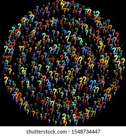 Question marks scattered on black background. Quiz, doubt, poll, survey, faq, interrogation, query background. Multicolored template for opinion poll, public poll. Rainbow color. Vector illustration.