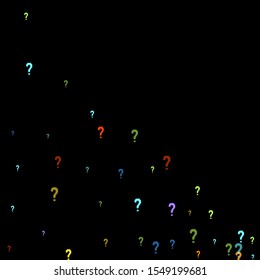 Question marks scattered on black background. Quiz, doubt, poll, survey, faq, interrogation, query background. Multicolored template for opinion poll, public poll. Rainbow color. Vector illustration.
