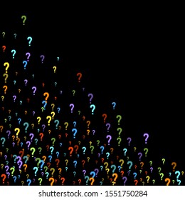 Question marks scattered on black background. Quiz, doubt, poll, survey, faq, interrogation, query background. Multicolored template for opinion poll, public poll. Rainbow color. Vector illustration.
