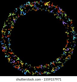 Question marks scattered on black background. Quiz, doubt, poll, survey, faq, interrogation, query background. Multicolored template for opinion poll, public poll. Rainbow color. Vector illustration.