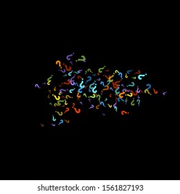 Question marks scattered on black background. Quiz, doubt, poll, survey, faq, interrogation, query background. Multicolored template for opinion poll, public poll. Rainbow color. Vector illustration.