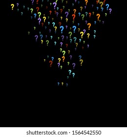 Question marks scattered on black background. Quiz, doubt, poll, survey, faq, interrogation, query background. Multicolored template for opinion poll, public poll. Rainbow color. Vector illustration.