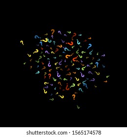 Question marks scattered on black background. Quiz, doubt, poll, survey, faq, interrogation, query background. Multicolored template for opinion poll, public poll. Rainbow color. Vector illustration.