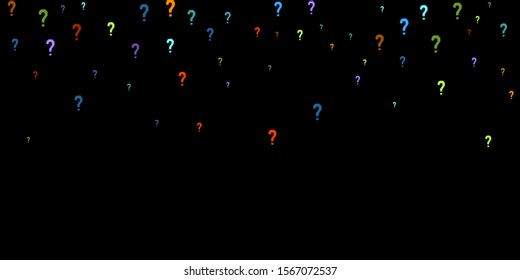 Question marks scattered on black background. Quiz, doubt, poll, survey, faq, interrogation, query background. Multicolored template for opinion poll, public poll. Rainbow color. Vector illustration.