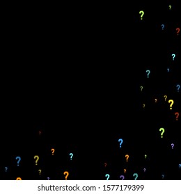 Question marks scattered on black background. Quiz, doubt, poll, survey, faq, interrogation, query background. Multicolored template for opinion poll, public poll. Rainbow color. Vector illustration.