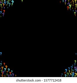 Question marks scattered on black background. Quiz, doubt, poll, survey, faq, interrogation, query background. Multicolored template for opinion poll, public poll. Rainbow color. Vector illustration.
