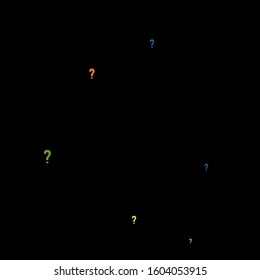 Question marks scattered on black background. Quiz, doubt, poll, survey, faq, interrogation, query background. Multicolored template for opinion poll, public poll. Rainbow color. Vector illustration.