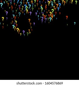 Question marks scattered on black background. Quiz, doubt, poll, survey, faq, interrogation, query background. Multicolored template for opinion poll, public poll. Rainbow color. Vector illustration.