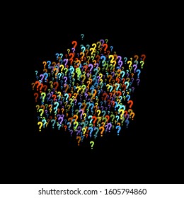 Question marks scattered on black background. Quiz, doubt, poll, survey, faq, interrogation, query background. Multicolored template for opinion poll, public poll. Rainbow color. Vector illustration.