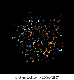 Question marks scattered on black background. Quiz, doubt, poll, survey, faq, interrogation, query background. Multicolored template for opinion poll, public poll. Rainbow color. Vector illustration.
