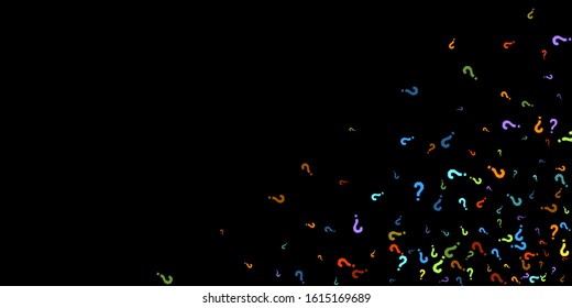 Question marks scattered on black background. Quiz, doubt, poll, survey, faq, interrogation, query background. Multicolored template for opinion poll, public poll. Rainbow color. Vector illustration.