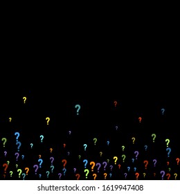 Question marks scattered on black background. Quiz, doubt, poll, survey, faq, interrogation, query background. Multicolored template for opinion poll, public poll. Rainbow color. Vector illustration.