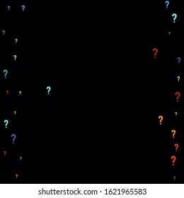 Question marks scattered on black background. Quiz, doubt, poll, survey, faq, interrogation, query background. Multicolored template for opinion poll, public poll. Rainbow color. Vector illustration.
