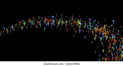 Question marks scattered on black background. Quiz, doubt, poll, survey, faq, interrogation, query background. Multicolored template for opinion poll, public poll. Rainbow color. Vector illustration.