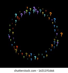 Question marks scattered on black background. Quiz, doubt, poll, survey, faq, interrogation, query background. Multicolored template for opinion poll, public poll. Rainbow color. Vector illustration.