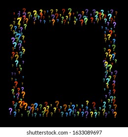 Question marks scattered on black background. Quiz, doubt, poll, survey, faq, interrogation, query background. Multicolored template for opinion poll, public poll. Rainbow color. Vector illustration.