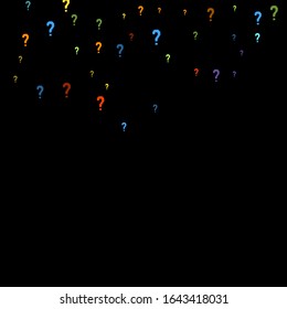 Question marks scattered on black background. Quiz, doubt, poll, survey, faq, interrogation, query background. Multicolored template for opinion poll, public poll. Rainbow color. Vector illustration.