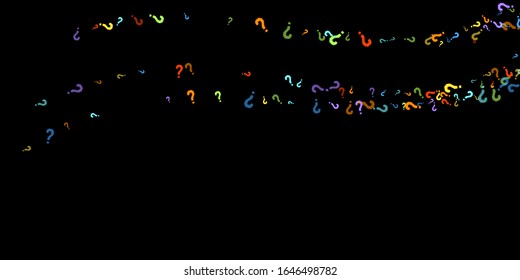 Question marks scattered on black background. Quiz, doubt, poll, survey, faq, interrogation, query background. Multicolored template for opinion poll, public poll. Rainbow color. Vector illustration.
