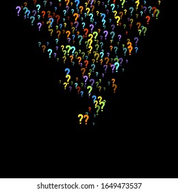 Question marks scattered on black background. Quiz, doubt, poll, survey, faq, interrogation, query background. Multicolored template for opinion poll, public poll. Rainbow color. Vector illustration.