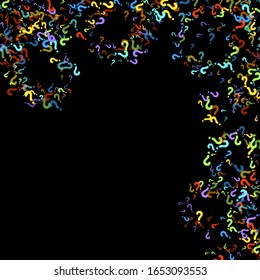 Question marks scattered on black background. Quiz, doubt, poll, survey, faq, interrogation, query background. Multicolored template for opinion poll, public poll. Rainbow color. Vector illustration.