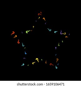 Question marks scattered on black background. Quiz, doubt, poll, survey, faq, interrogation, query background. Multicolored template for opinion poll, public poll. Rainbow color. Vector illustration.