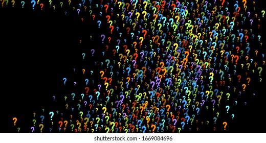 Fragezeichen verstreut auf schwarzem Hintergrund. Quiz, Zweifel, Umfrage, Umfrage, FAQ, Abfrage, Hintergrund. mehrfarbige Vorlage für Meinungsumfragen, öffentliche Umfrage. Regenbogenfarbe. Vektorillustration.