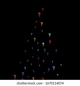 Question marks scattered on black background. Quiz, doubt, poll, survey, faq, interrogation, query background. Multicolored template for opinion poll, public poll. Rainbow color. Vector illustration.