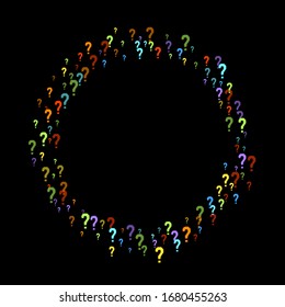 Question marks scattered on black background. Quiz, doubt, poll, survey, faq, interrogation, query background. Multicolored template for opinion poll, public poll. Rainbow color. Vector illustration.