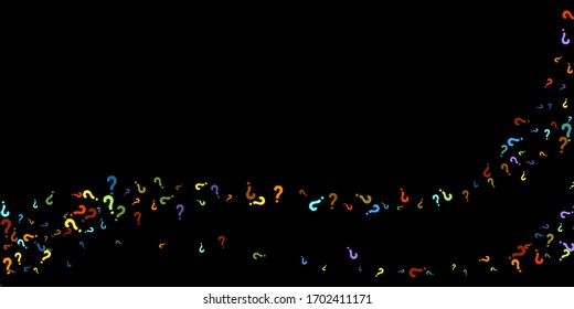 Question marks scattered on black background. Quiz, doubt, poll, survey, faq, interrogation, query background. Multicolored template for opinion poll, public poll. Rainbow color. Vector illustration.