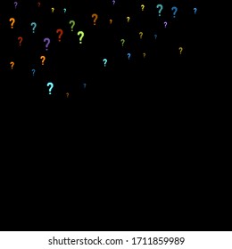 Question marks scattered on black background. Quiz, doubt, poll, survey, faq, interrogation, query background. Multicolored template for opinion poll, public poll. Rainbow color. Vector illustration.
