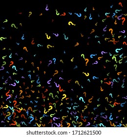 Question marks scattered on black background. Quiz, doubt, poll, survey, faq, interrogation, query background. Multicolored template for opinion poll, public poll. Rainbow color. Vector illustration.