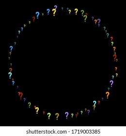 Question marks scattered on black background. Quiz, doubt, poll, survey, faq, interrogation, query background. Multicolored template for opinion poll, public poll. Rainbow color. Vector illustration.