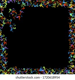 Question marks scattered on black background. Quiz, doubt, poll, survey, faq, interrogation, query background. Multicolored template for opinion poll, public poll. Rainbow color. Vector illustration.