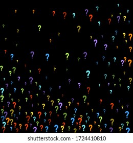 Question marks scattered on black background. Quiz, doubt, poll, survey, faq, interrogation, query background. Multicolored template for opinion poll, public poll. Rainbow color. Vector illustration.