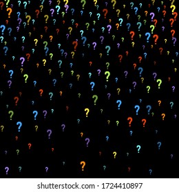 Question marks scattered on black background. Quiz, doubt, poll, survey, faq, interrogation, query background. Multicolored template for opinion poll, public poll. Rainbow color. Vector illustration.