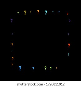 Question marks scattered on black background. Quiz, doubt, poll, survey, faq, interrogation, query background. Multicolored template for opinion poll, public poll. Rainbow color. Vector illustration.