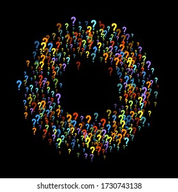 Question marks scattered on black background. Quiz, doubt, poll, survey, faq, interrogation, query background. Multicolored template for opinion poll, public poll. Rainbow color. Vector illustration.